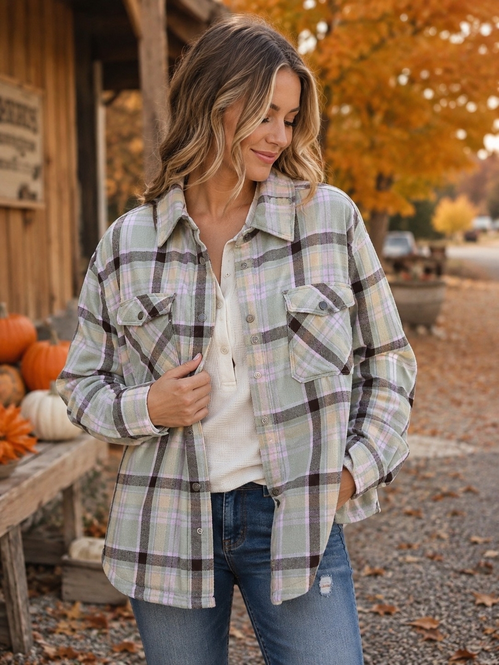 Rustic Ridge Plaid Sherpa Lined Large Shacket Cottagecore Western Cozy Fall